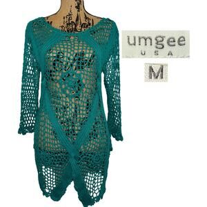Umgee Open Knit Long Sleeve Swim Cover Up Dress Teal Size Medium Boho Chic